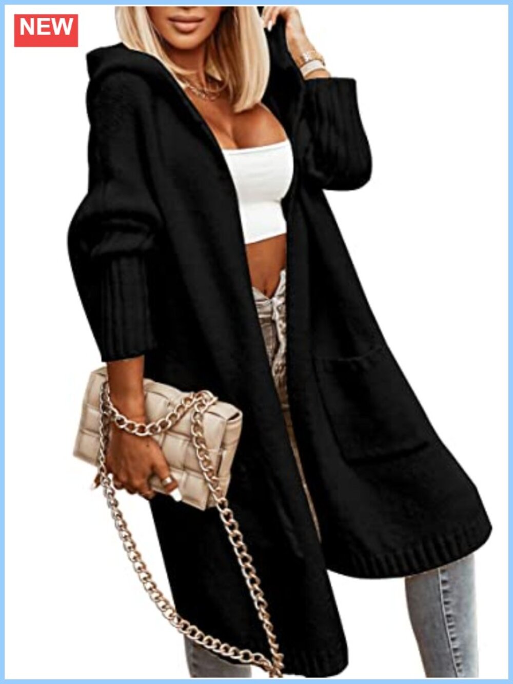 Cable Knit Open Front Hooded Long Cardigan Oversized Sweater Coat with Pockets